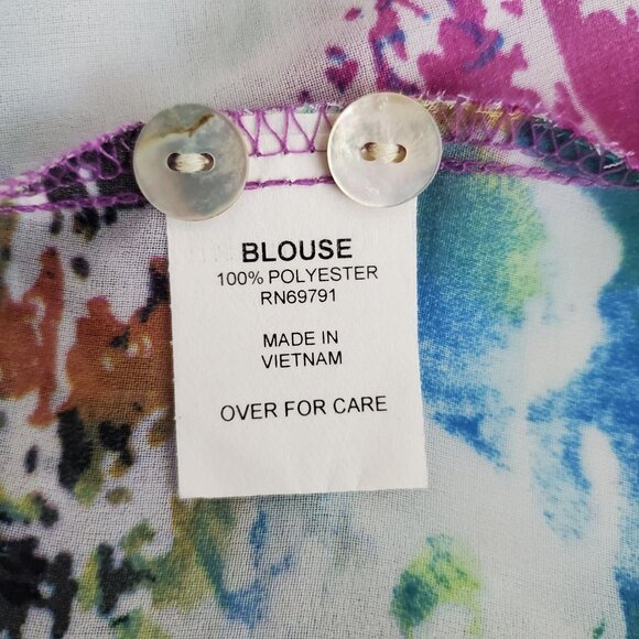 Figueroa & Flower Womens Blouse Colorful Abstract 3/4 Size 1X Tie Hem Semi Sheer - Picture 6 of 9